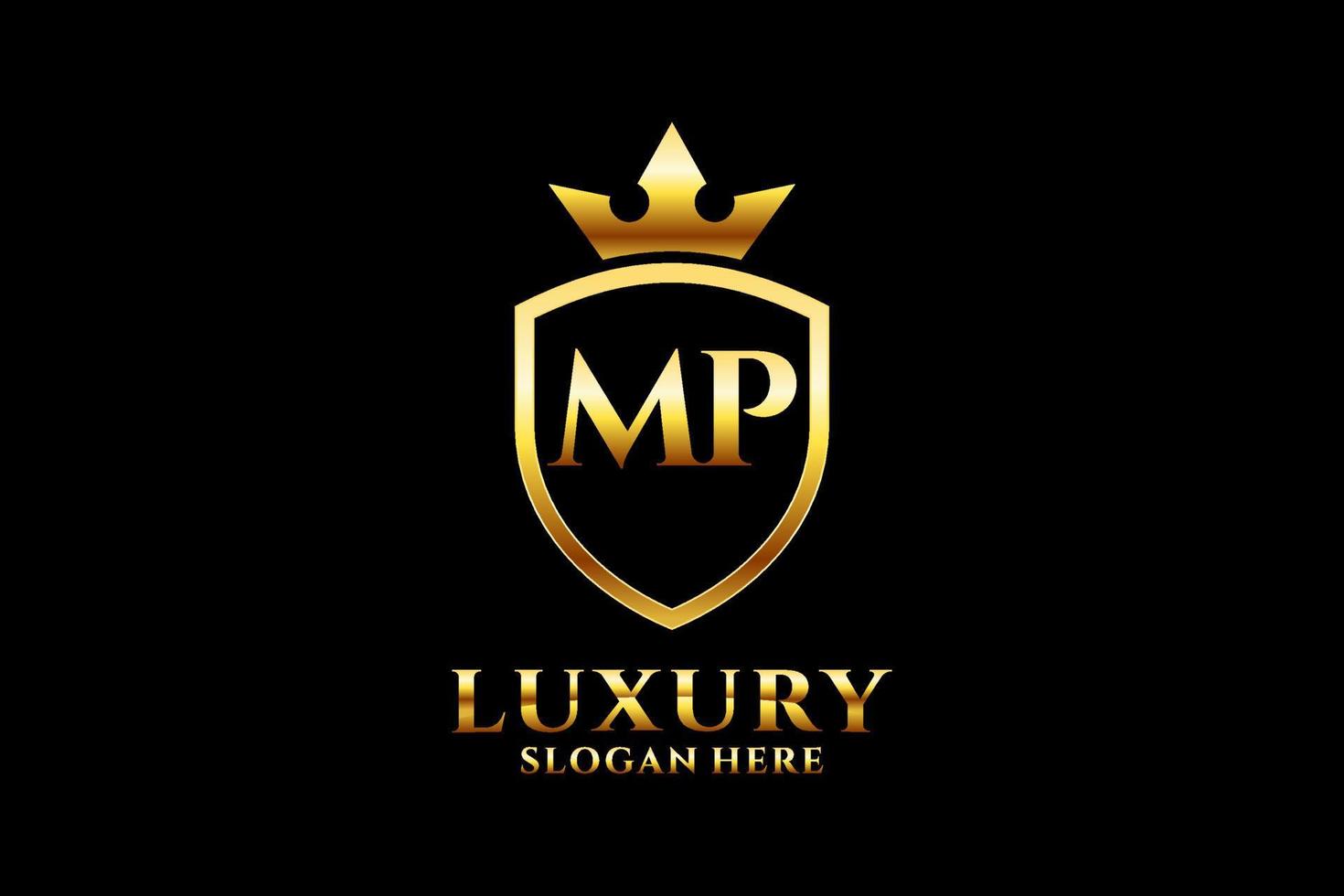 inicial mp elegante logotipo de monograma de luxo ou modelo de crachá com pergaminhos e coroa real - perfeito para projetos de marca luxuosos vetor