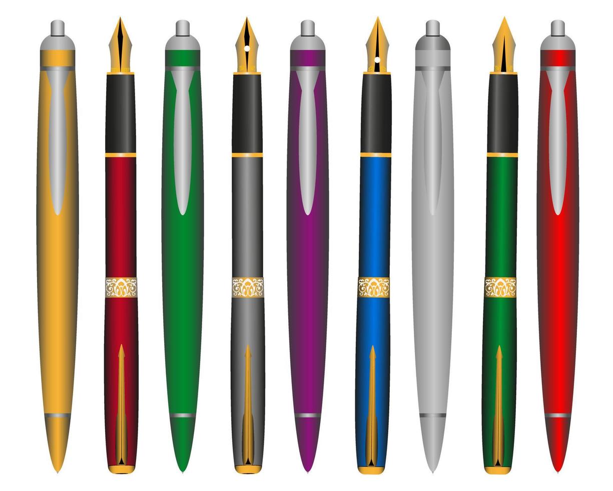 caneta e canetas de tinta de cores diferentes em um fundo branco vetor