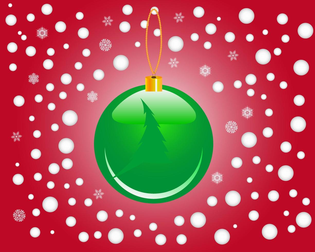 brinquedo de natal verde em um fundo vermelho com bolas e flocos de neve vetor