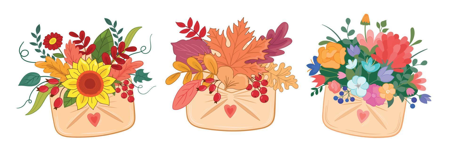ilustração vetorial definir folhas de outono, flores em papel carta e envelope em fundo branco isolado vetor