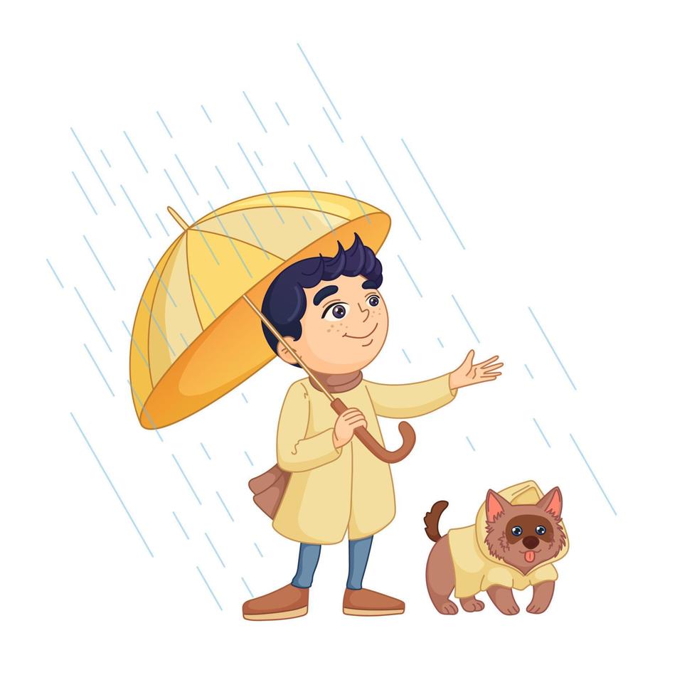 menino com um guarda-chuva fica na chuva. animal de estimação bonito cão na capa de chuva amarela. ilustração de outono aconchegante em estilo cartoon. arte vetorial isolada no fundo branco. vetor