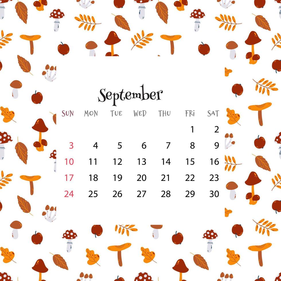 Calendário 2023 para setembro. ilustração em vetor de calendário do mês no padrão sem emenda com folhas de outono e cogumelos em estilo simples de desenho animado. backgroud colorido com grade de mês.