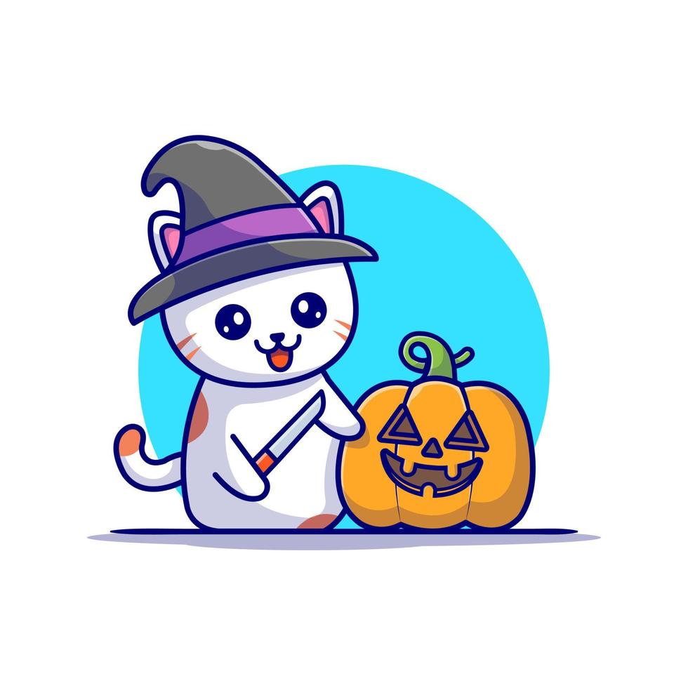 gato bruxa bonito com ilustração de ícone de vetor de desenho animado de halloween abóbora. animal feriado ícone conceito isolado vetor premium. estilo de desenho animado plano