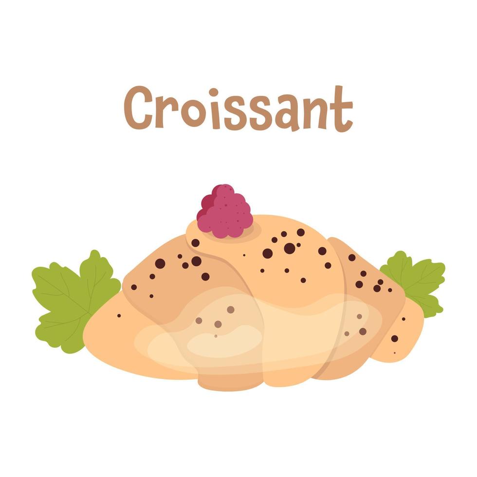 croissant isolado no fundo branco. lindo croissant polvilhado com framboesa e chocolate. vetor