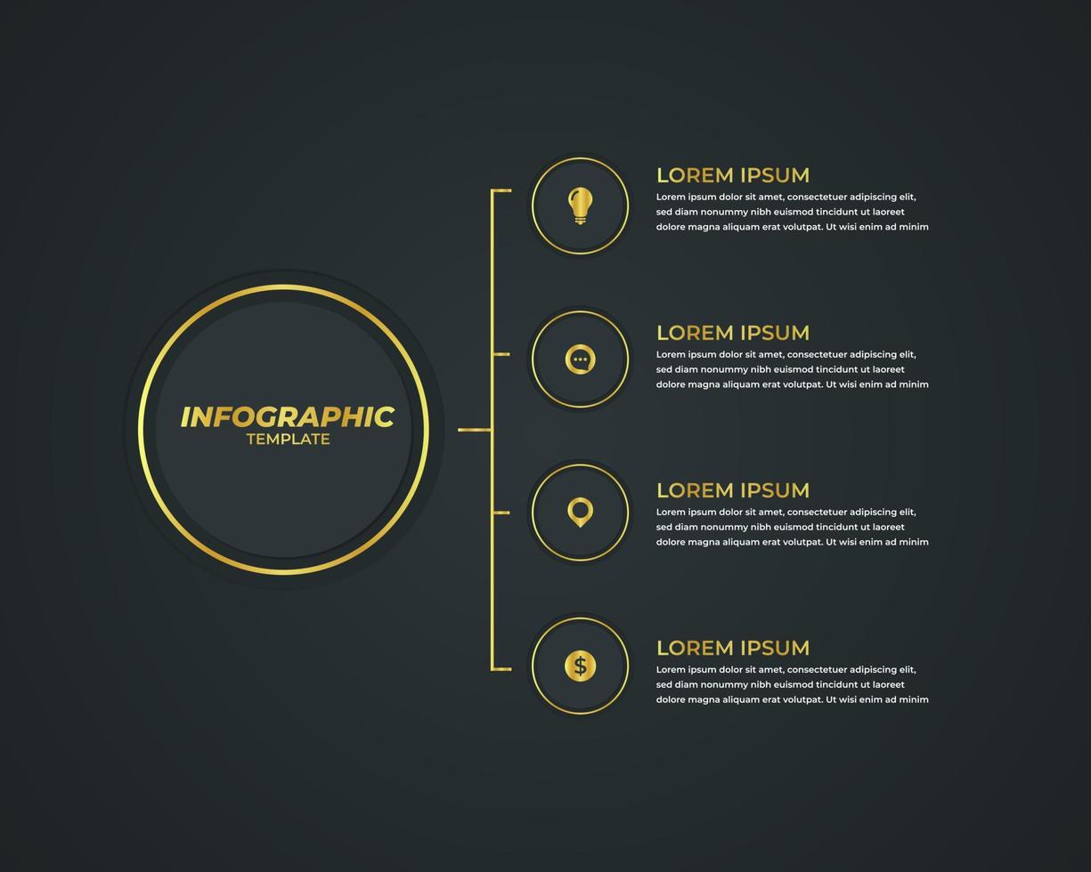 design infográfico de ouro com 4 etapas para visualização de dados, diagrama, relatório anual, web design, apresentação. modelo de negócios vetoriais vetor