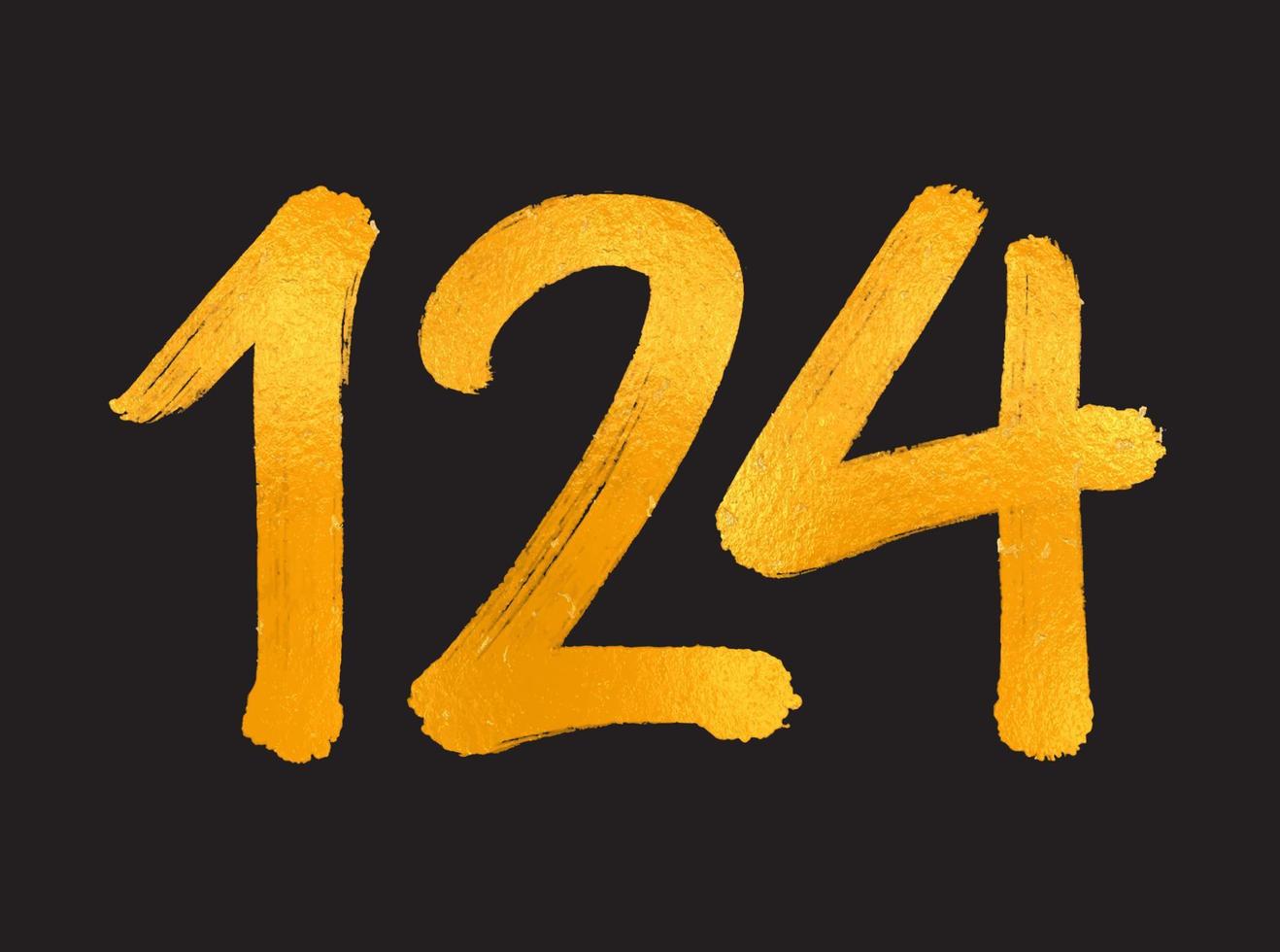 ilustração vetorial de logotipo de 124 números, modelo de vetor de comemoração de aniversário de 124 anos, aniversário de 124 anos, números de letras douradas desenho de pincel esboço desenhado à mão, design de logotipo de número para impressão, camiseta