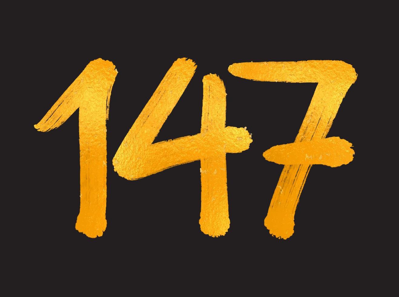 ilustração vetorial de logotipo de 147 números, modelo de vetor de comemoração de aniversário de 147 anos, aniversário de 147 anos, números de letras douradas desenho de pincel esboço desenhado à mão, design de logotipo de número para impressão, camiseta