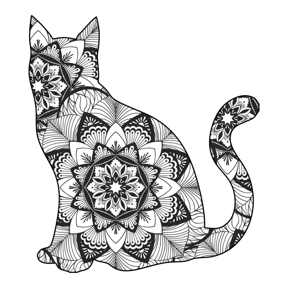 desenho de ilustração vetorial de coloração mandala de gato bonito. vetor