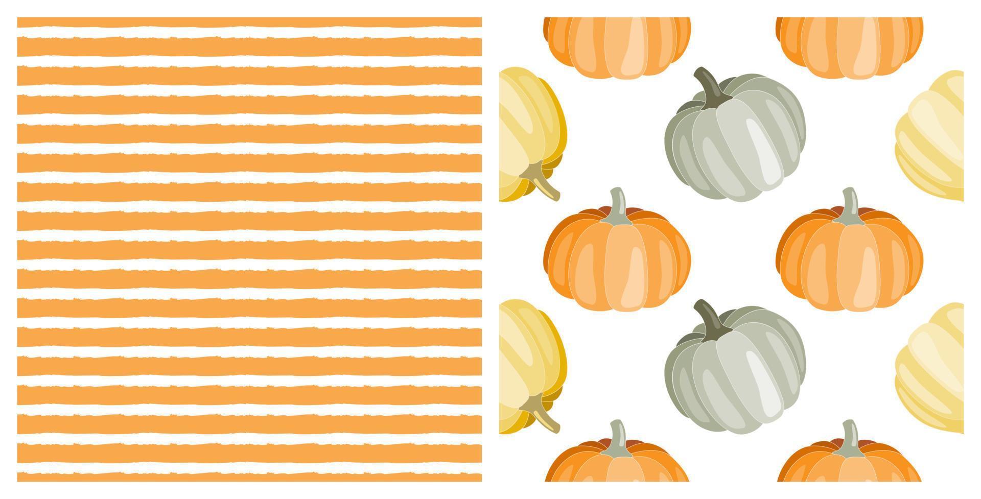 conjunto de dois padrões sem costura com abóboras de outono desenhadas à mão fofa e listras laranja, em fundo branco isolado para ação de graças, halloween, celebração da colheita, têxteis, papel de parede, scrapbooking vetor