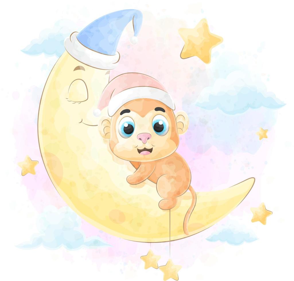 macaco doodle fofo e filhote de lua com ilustração em aquarela vetor