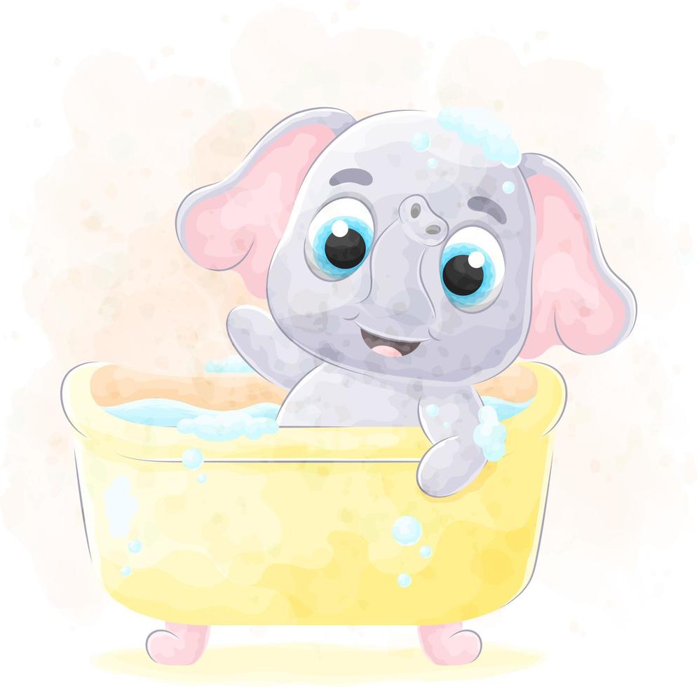 elefante fofo doodle está tomando banho com ilustração em aquarela vetor