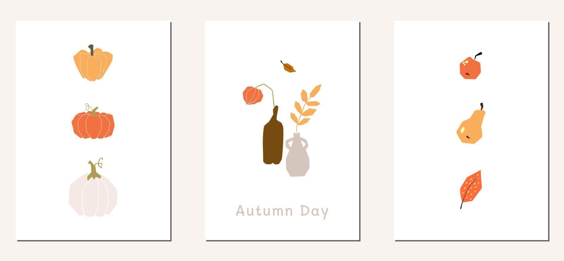 modelo de cartaz de cartão de humor de outono. bem-vindo convite de ação de graças da temporada de outono. cartão minimalista natureza folhas, árvores, abóboras, formas abstratas. ilustração vetorial em estilo cartoon plana vetor