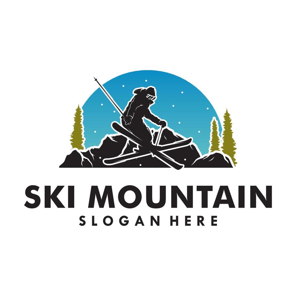 um homem jogando esqui no design do logotipo da montanha vetor
