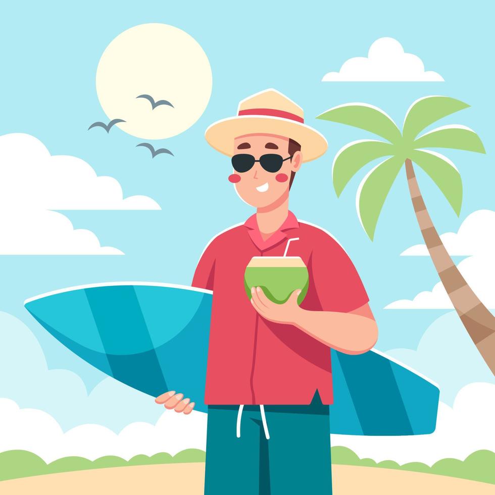 um homem desfrutando de coco na praia durante as férias vetor
