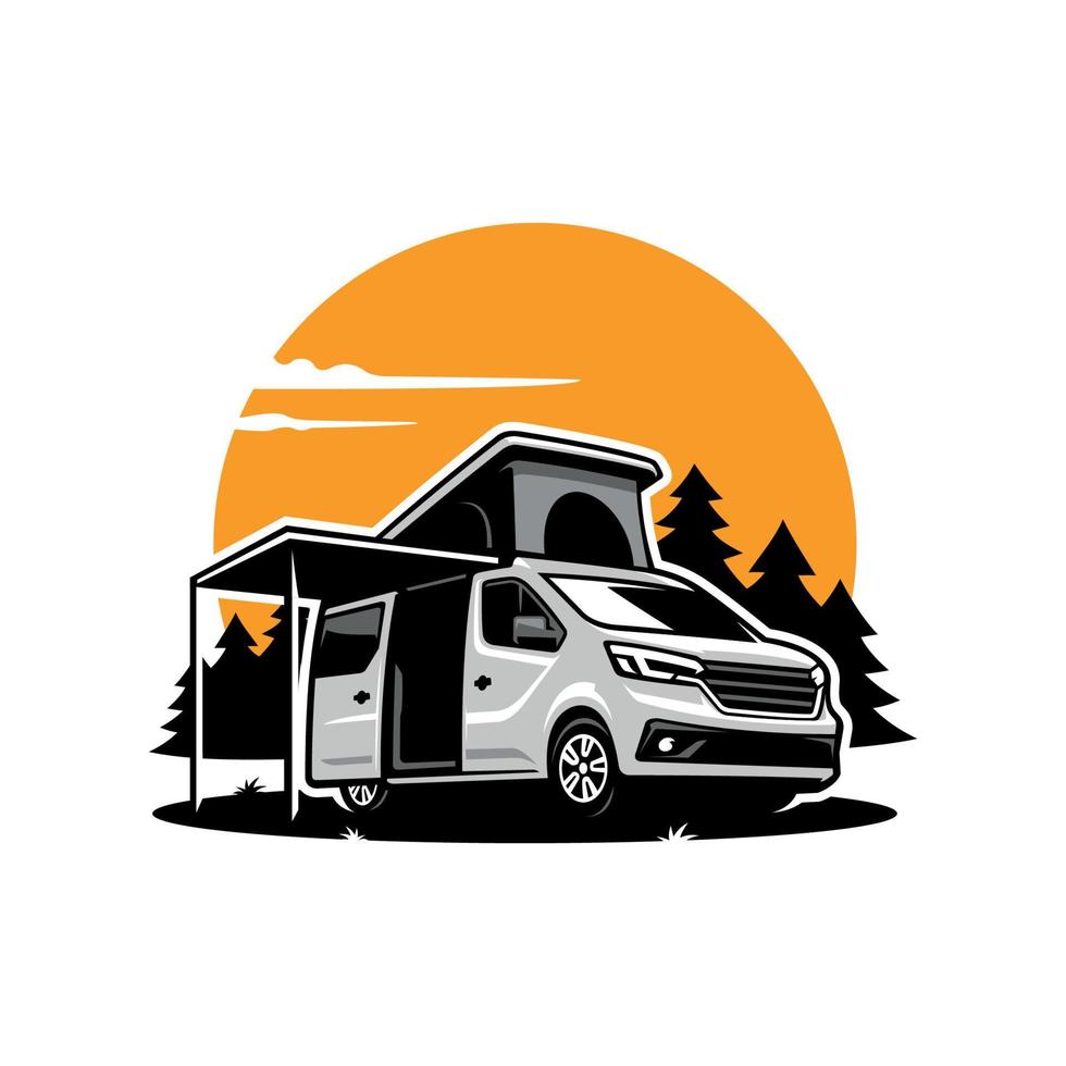 van de campista de carro de acampamento com tenda pop up e vetor de logotipo de ilustração de toldo