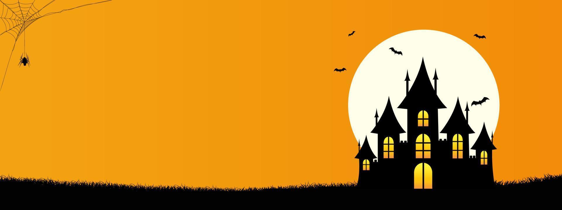 fundo de banner de modelo de feliz dia das bruxas com copyspace, design minimalista com o castelo, morcego, aranha da web e lua cheia em fundo de cor laranja vetor