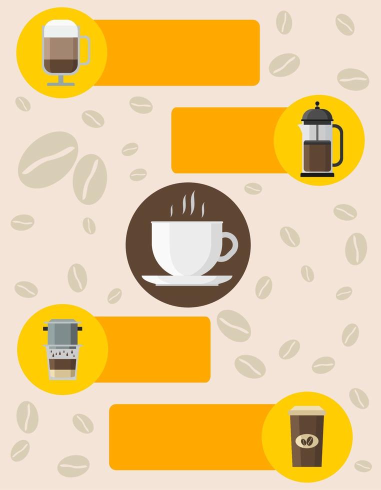 infográfico de vetor relacionado a café editável com ilustração de equipamento de fabricação de cerveja e fundo de feijão para café ou design relacionado a produtos de café