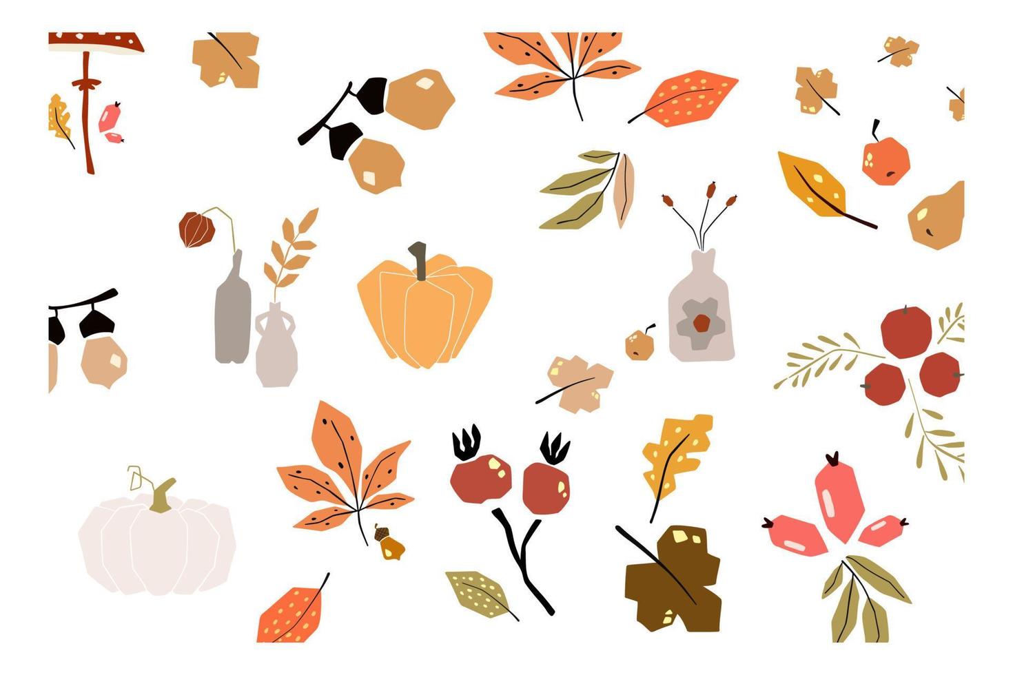 modelo de cartaz de cartão de humor de outono. bem-vindo convite de ação de graças da temporada de outono. cartão minimalista natureza folhas, árvores, abóboras, formas abstratas. ilustração vetorial em estilo cartoon plana vetor