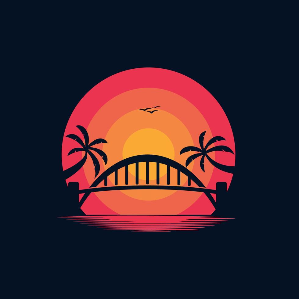 silhueta de ponte no design do logotipo do pôr do sol vetor