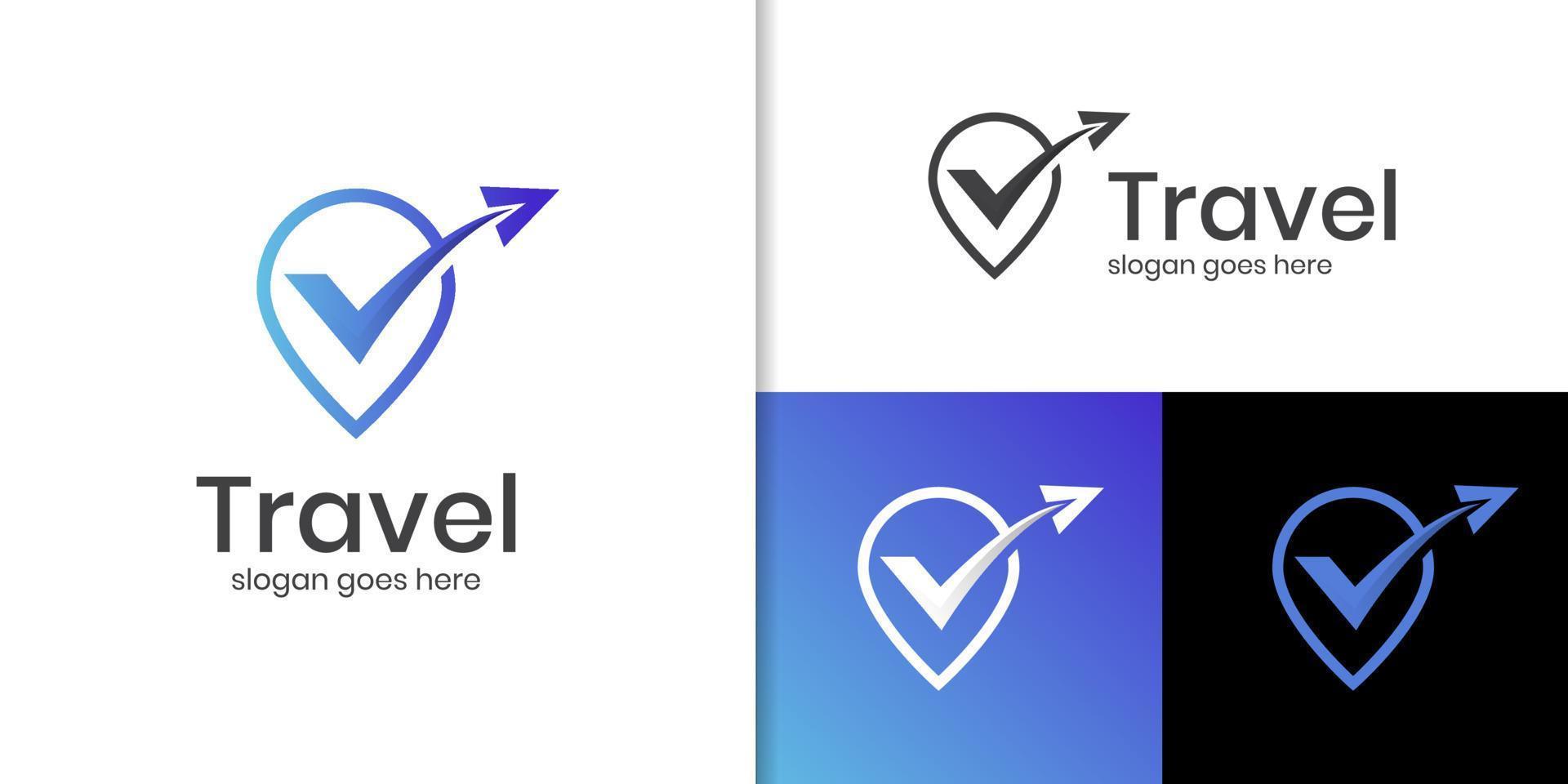 pin mapa conceito de logotipo de verificação de viagens aéreas. localização no viajante de mapa com símbolo de ícone de vetor de logotipo de avião