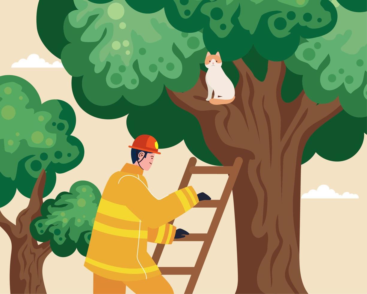 bombeiro resgatando gato em árvore vetor