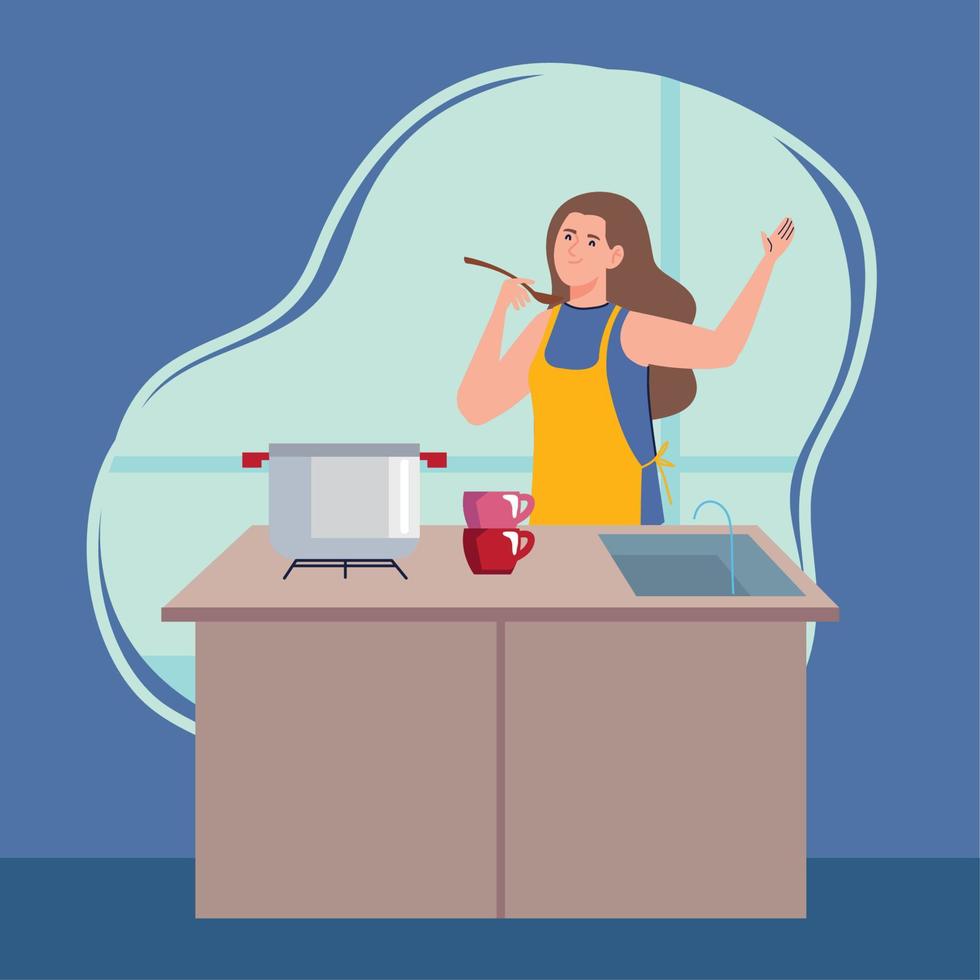 mulher cozinhando com cozinha de madeira vetor