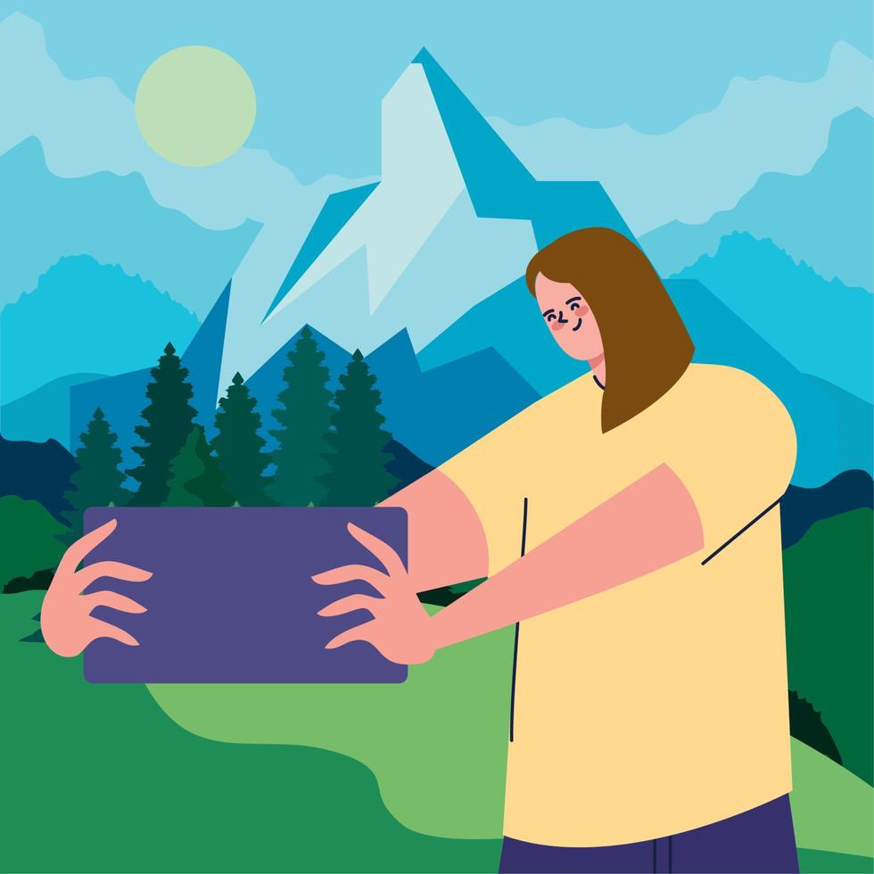 mulher tirando uma selfie na montanha vetor