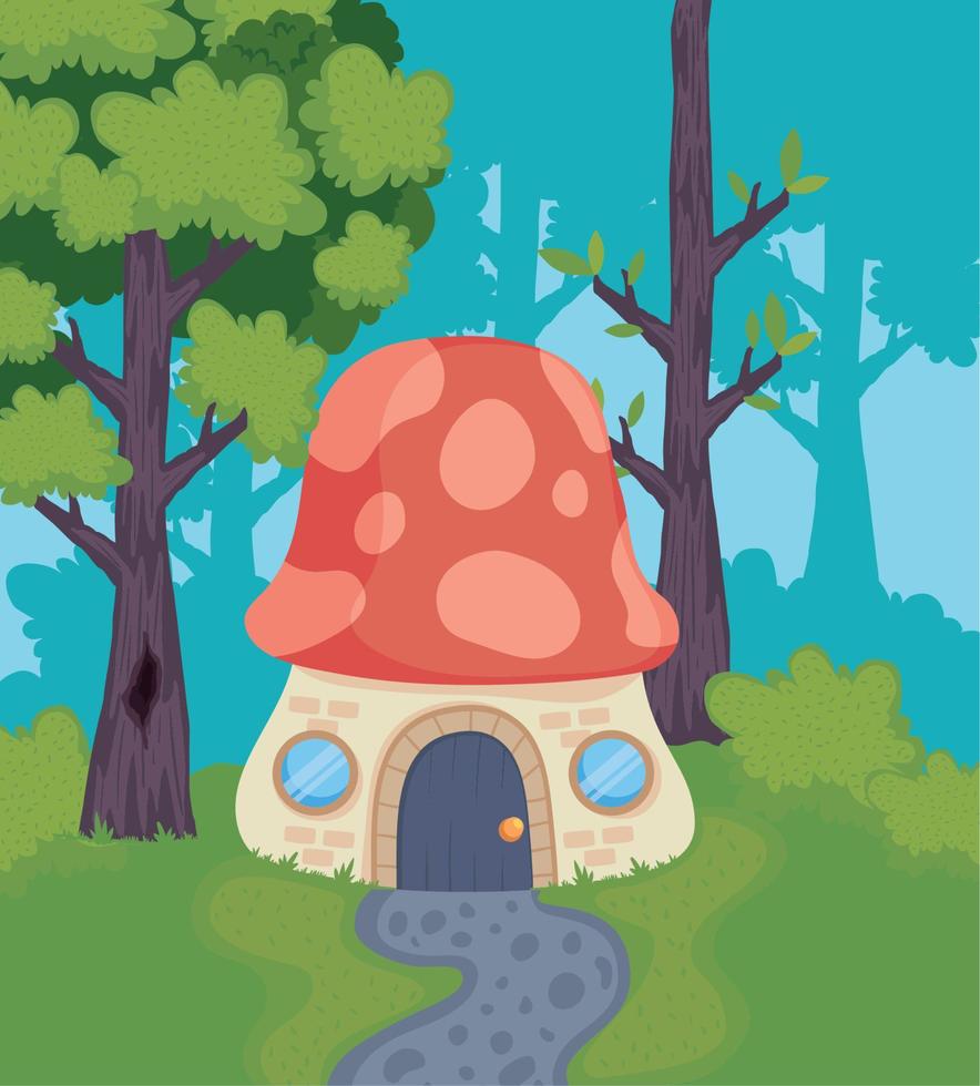 floresta encantada com casa de fungo vetor