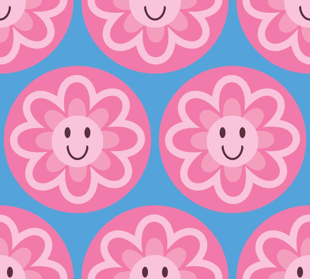 bonito padrão sem emenda com flor margarida sorridente na cor rosa sobre pano de fundo azul. ilustração vetorial, clip art doce y2k, retro, design de textura vintage. papel de parede floral de sorriso psicodélico moderno e moderno vetor