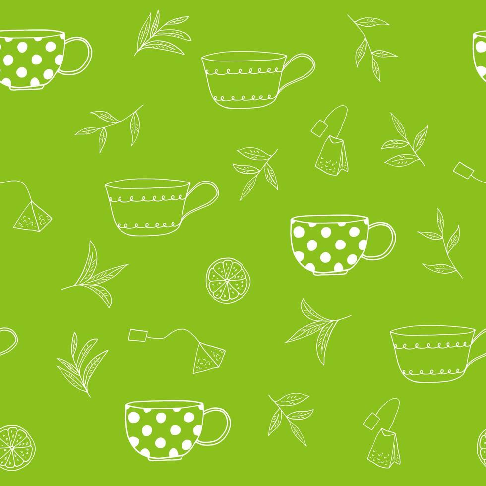 xícaras, folhas de chá, saquinhos de chá, fatias de limão sem costura padrão desenhado à mão no estilo doodle. , minimalismo, monocromático, escandinavo. papel de parede, papel de embrulho, fundo de têxteis vetor