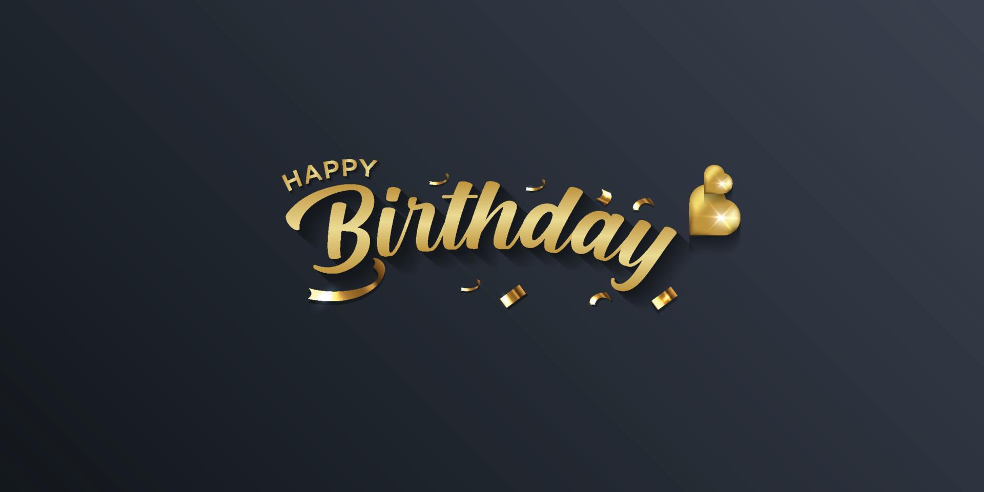 fundo de feliz aniversário, moderno simples com letras de ouro 3d e forma de coração dourado em fundo preto vetor