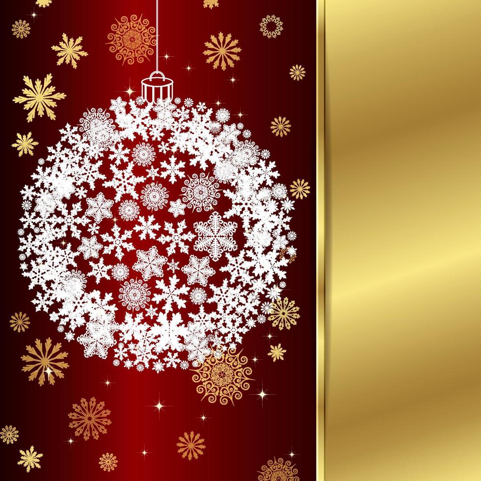 cartão de natal de vetor com decoração de natal, flocos de neve em fundo dourado e vermelho.