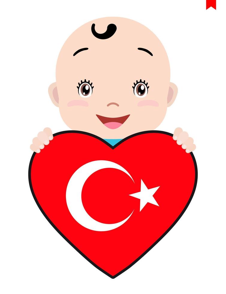 rosto sorridente de uma criança, um bebê e uma bandeira da Turquia em forma de coração. símbolo de patriotismo, independência, viagens, emblema do amor. vetor