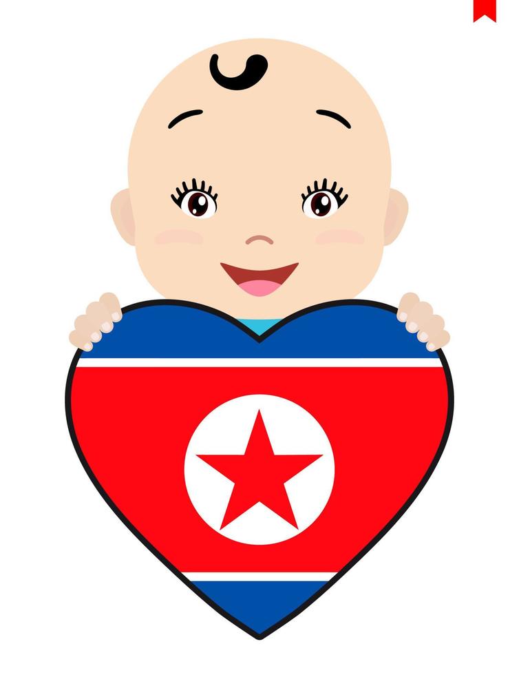 rosto sorridente de uma criança, um bebê e uma bandeira da coreia do norte em forma de coração. símbolo de patriotismo, independência, viagens, emblema do amor. vetor