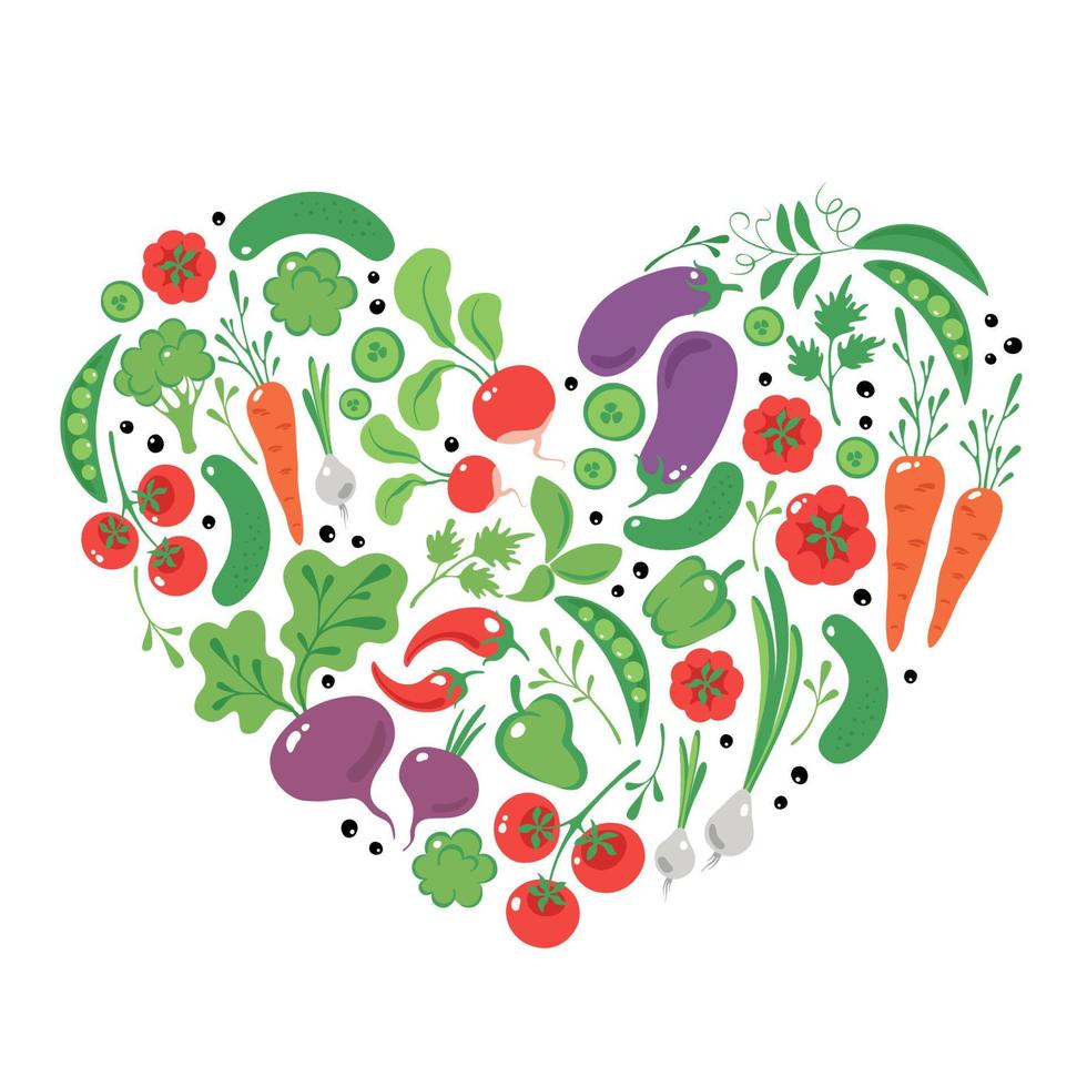legumes desenhados à mão no coração. comida vegana orgânica e comida saudável. ilustração vetorial em estilo simples vetor