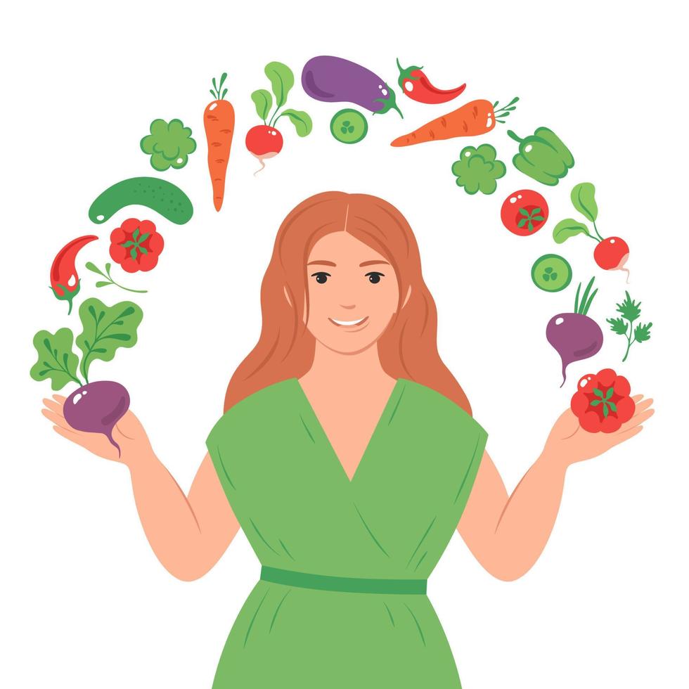 mulher sorridente com legumes nas mãos. conceito de comida saudável, dieta, dieta de alimentos crus, vegetariana. ilustração vetorial plana vetor