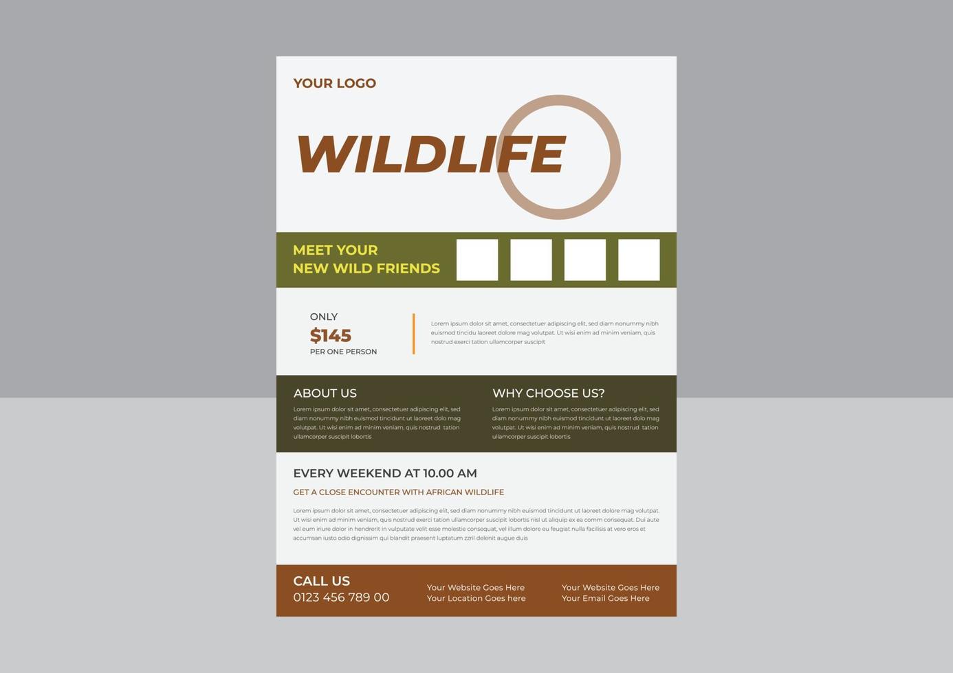 folheto de safári de vida selvagem, salve o design de pôster de vida selvagem, cartaz de passeio de savana com folheto de animais. vetor