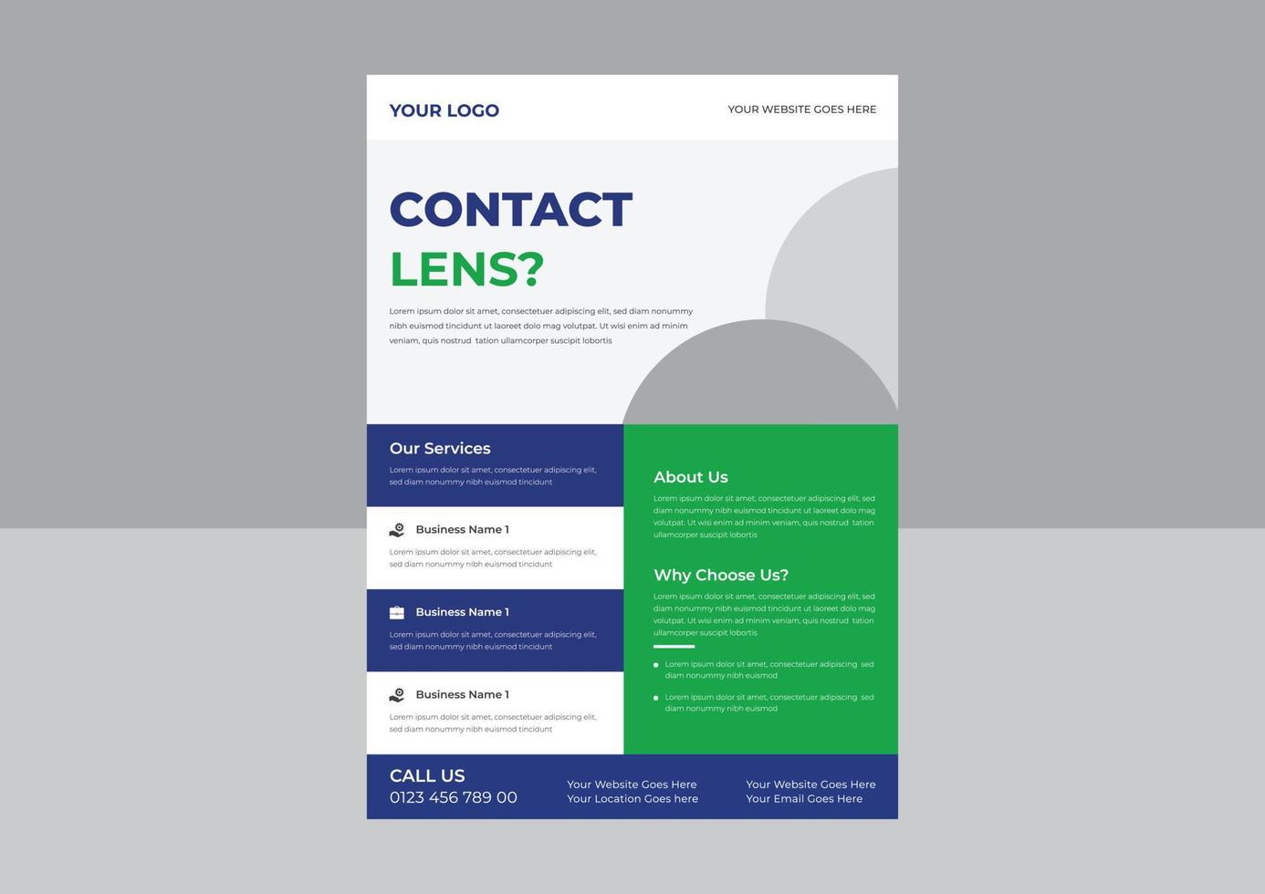 modelo de folheto de lentes de contato, folheto de teste de olhos ópticos, banner de publicidade de lentes de contato, lentes de contato e cuidados de saúde ocular. vetor