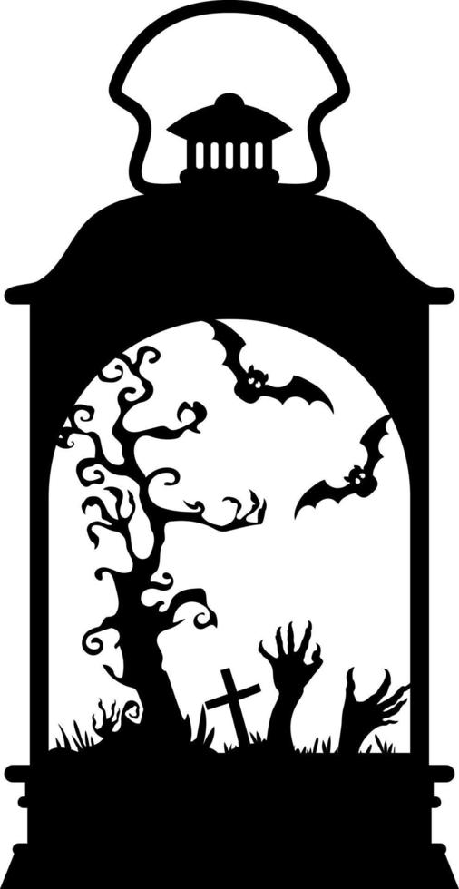 ilustração na lanterna de halloween. silhueta de lâmpada com árvore assustadora, cena de halloween vetor