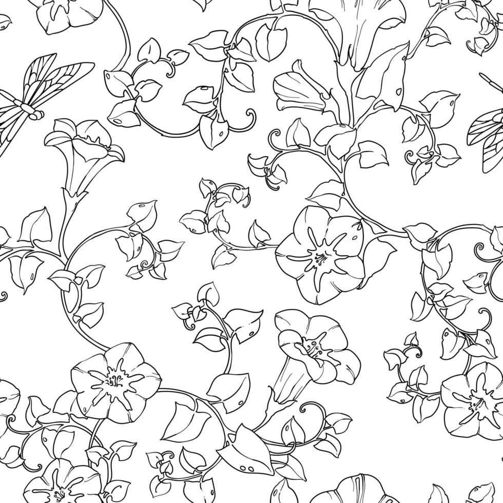 flores de trepadeira encaracolado padrão sem emenda. ilustração de cor vetorial floral. mão desenhada fundo floral. vetor
