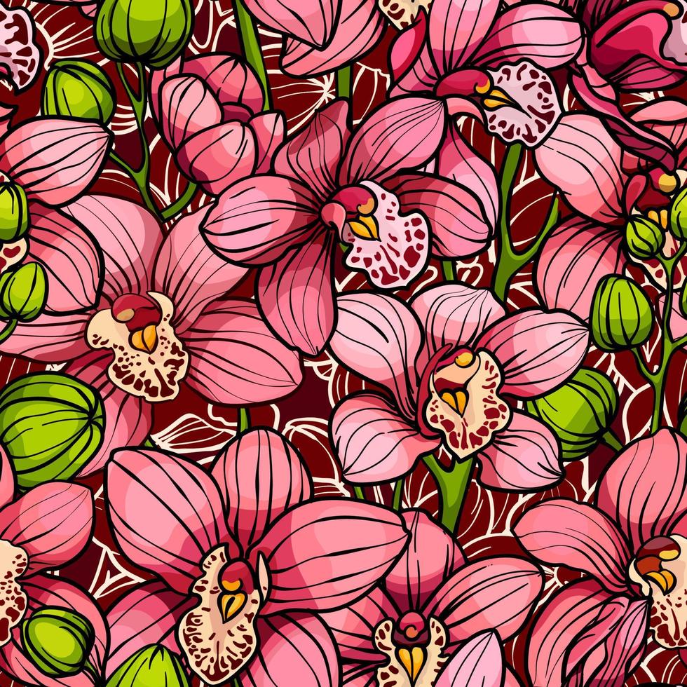 orquídeas cor de rosa, padrão de vetor sem costura. ilustração desenhada à mão. flores tropicais exóticas