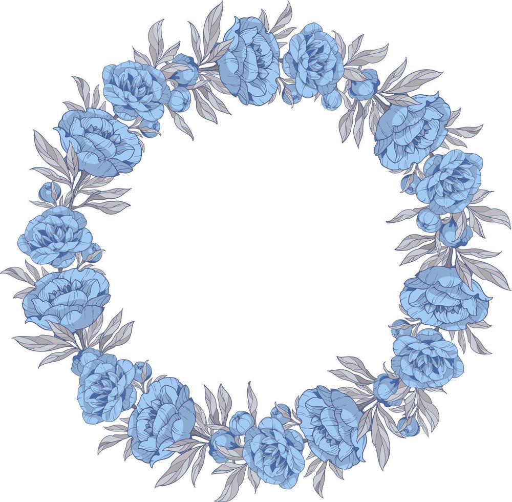 moldura redonda com flores de peônias azuis, ilustração vetorial desenhada à mão vetor