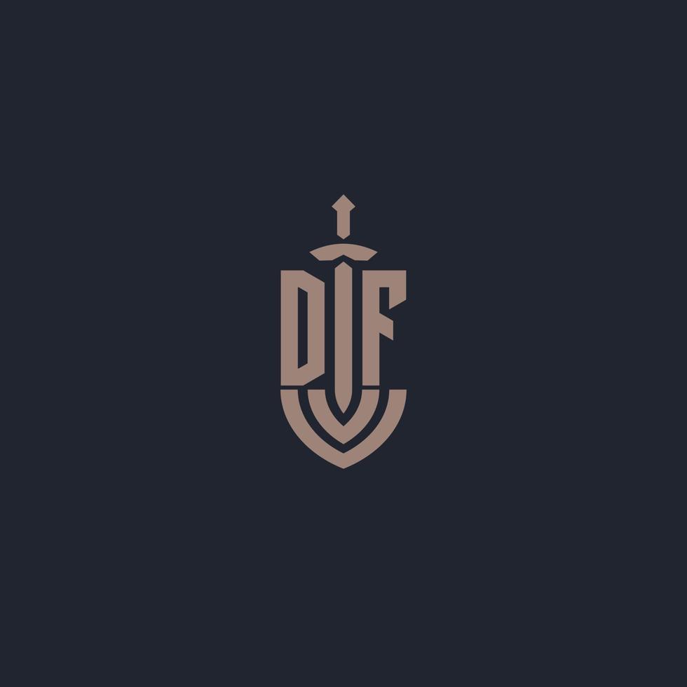 monograma de logotipo df com modelo de design de estilo de espada e escudo vetor