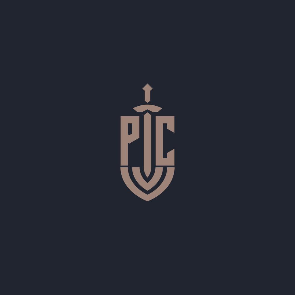 monograma de logotipo pc com modelo de design de estilo espada e escudo vetor
