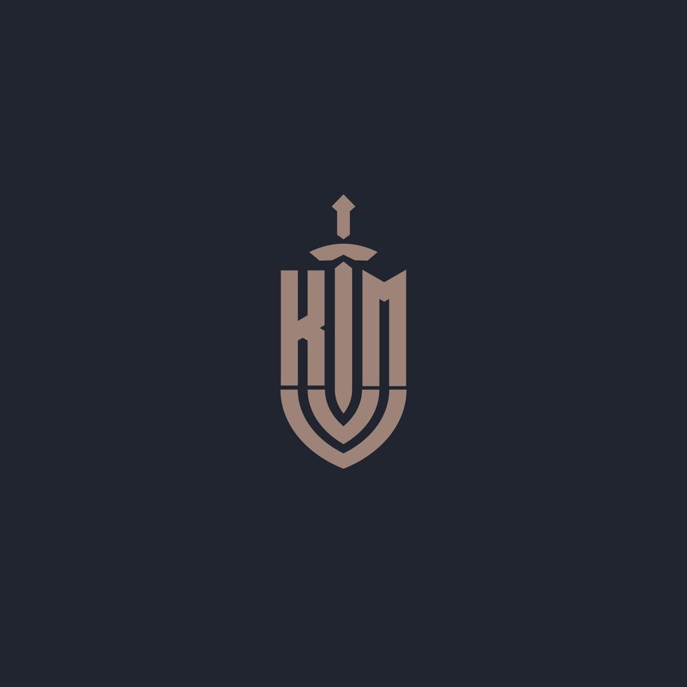 monograma de logotipo km com modelo de design de estilo de espada e escudo vetor