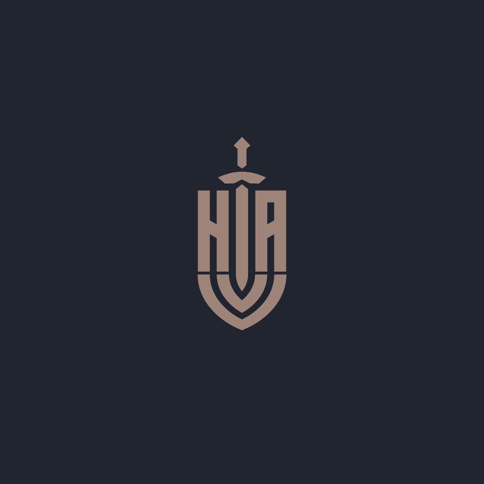 monograma de logotipo ha com modelo de design de estilo de espada e escudo vetor