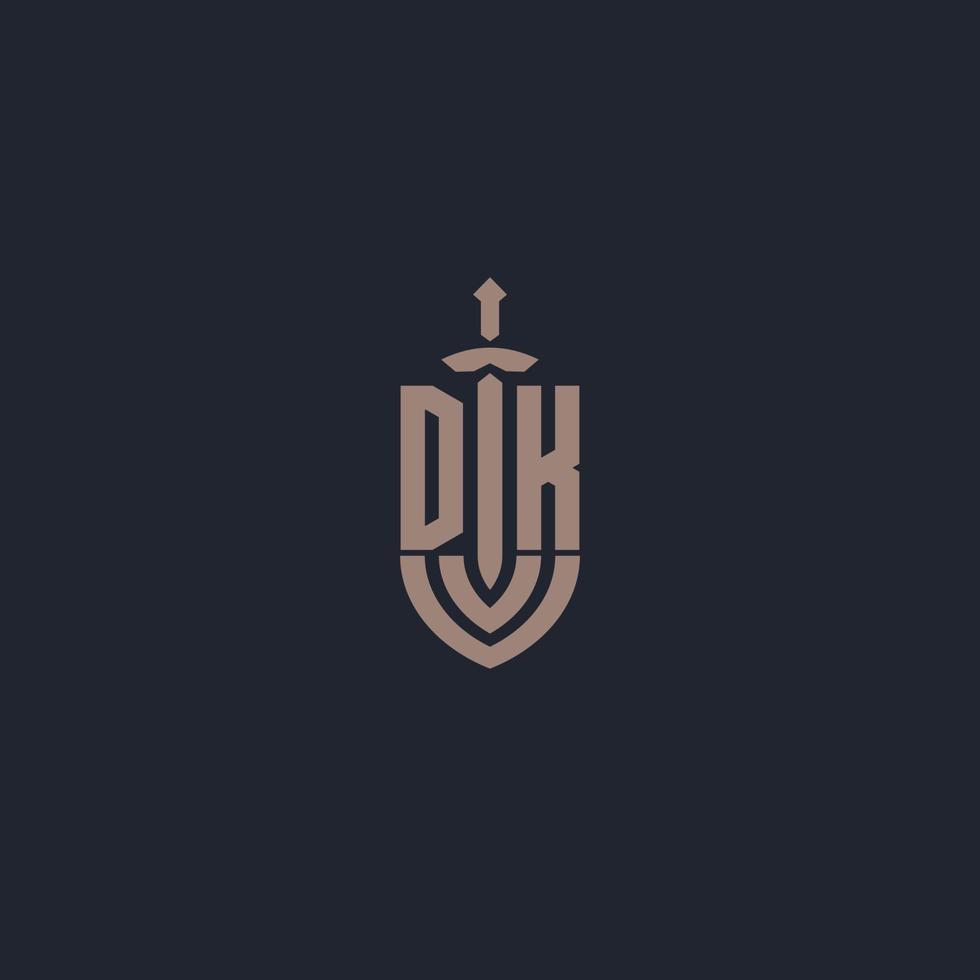 monograma de logotipo dk com modelo de design de estilo de espada e escudo vetor