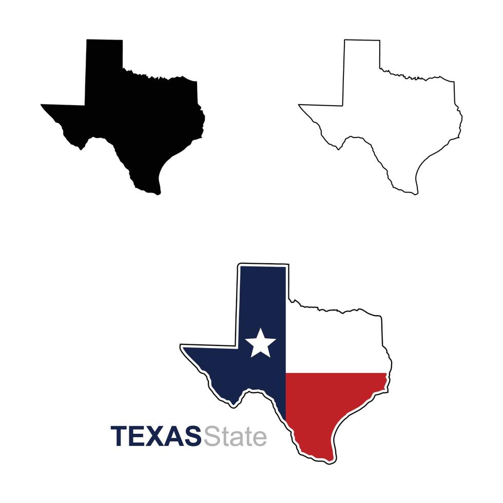 conjunto de vetor de mapa do texas. shilouette preto sólido, contorno preto, mapa do texas com bandeira.