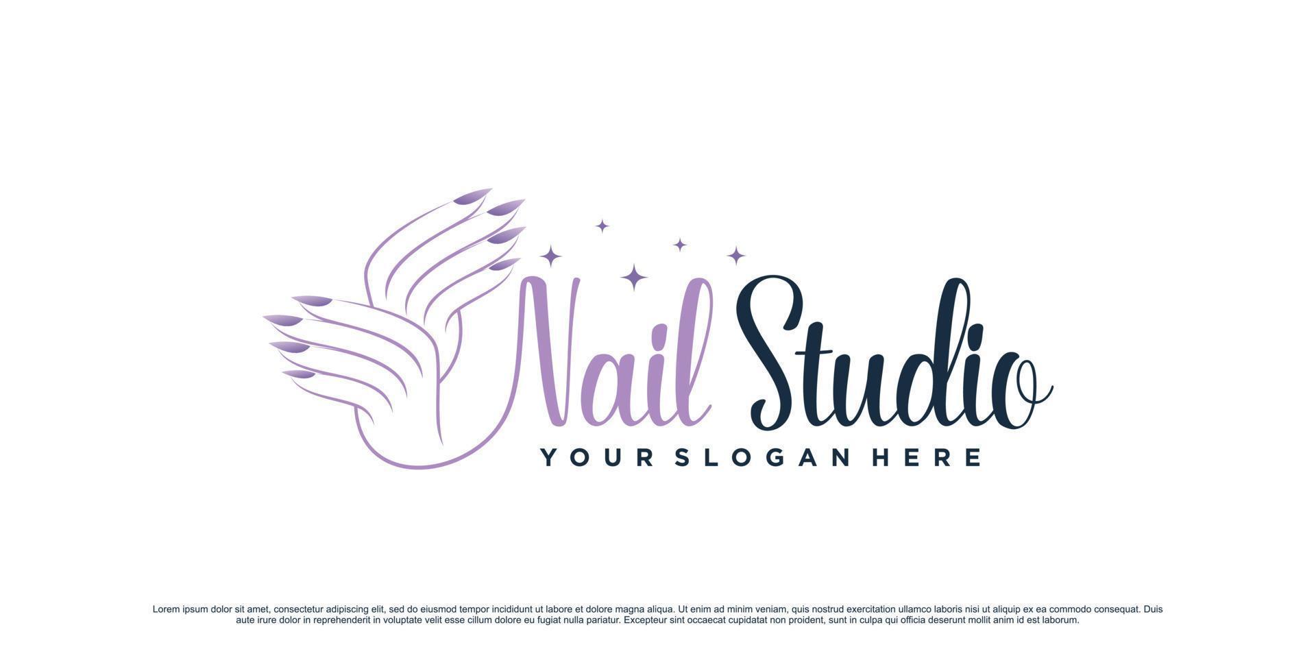 design de logotipo de estúdio de esmaltes para salão de beleza com mão de mulher e vetor premium de conceito criativo