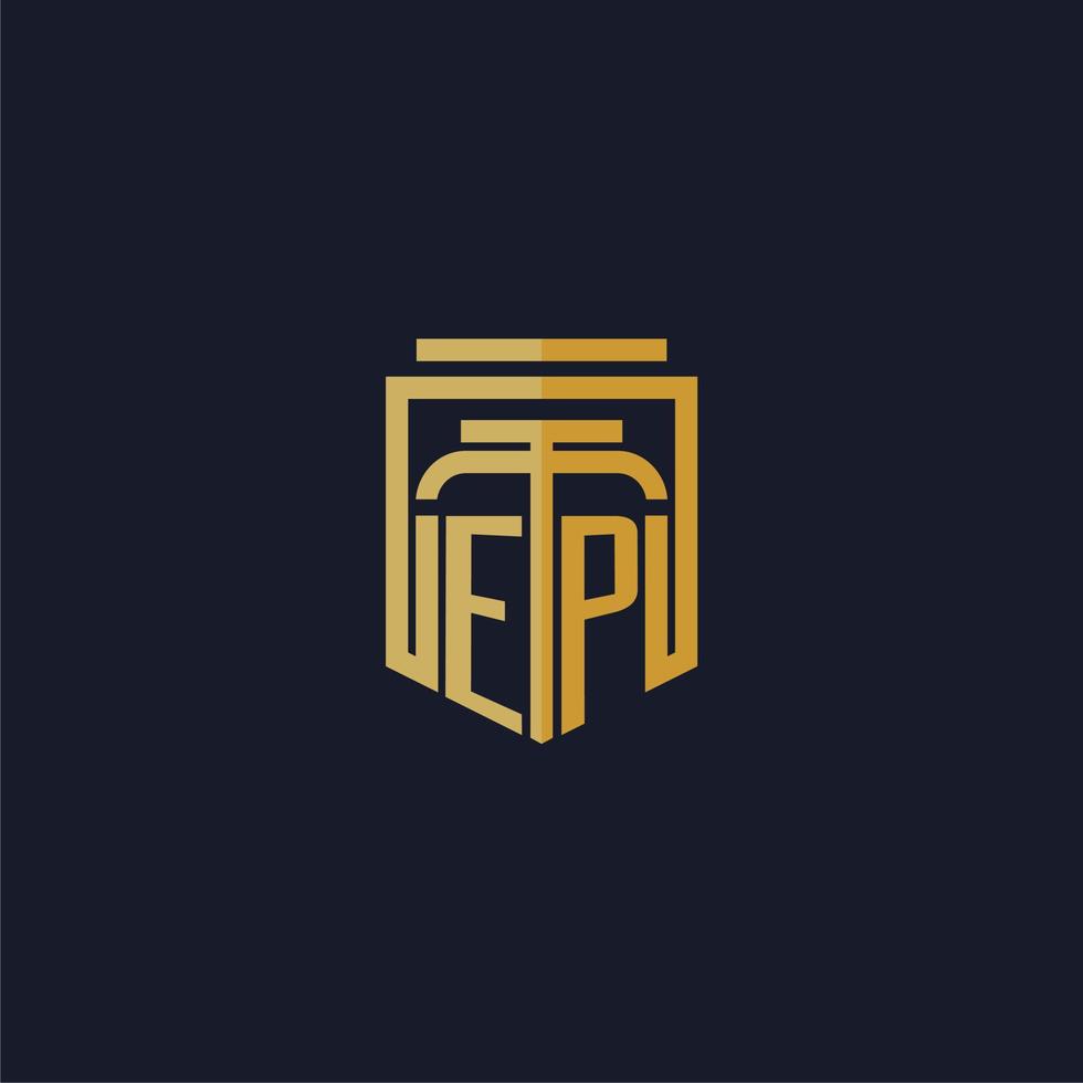 logotipo do monograma inicial ep elegante com design de estilo de escudo para mural de parede jogos de escritório de advocacia vetor